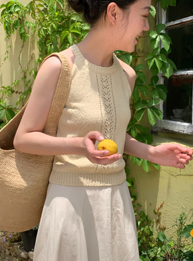 DFD 纯棉米黄色天蓝色针织大肚纱吊带挂脖背心女夏