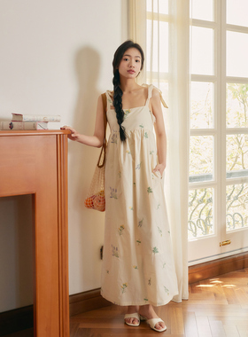 DFD 假日花园 复古清新米色花朵刺绣吊带无袖系带背心连衣裙女夏