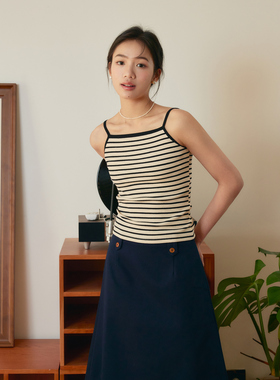 DFD 法式复古米黑基础款百搭短款气质条纹内搭吊带背心女夏