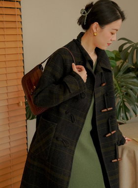 DFD老友记学院风英伦格纹牛角扣羊毛双面尼长款大衣