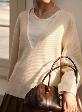 DFD藏匿浪漫 宽松慵懒叠穿纯羊毛深V领白色棕色针织毛衣女