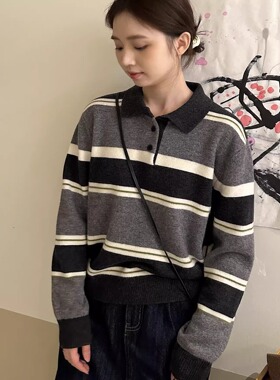 DFD miu风 百搭复古运动休闲100羊毛米灰条纹POLO套头针织毛衣女
