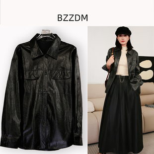 春季高级设计感pu皮衣衬衫女复古气质又a又飒系带收上衣