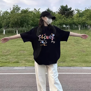 黑色短袖 洋气时髦减龄纯棉宽松显瘦正肩上衣服 t恤女2025新款 爆款