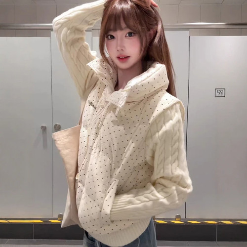 韩系甜美波点针织拼接棉服外套