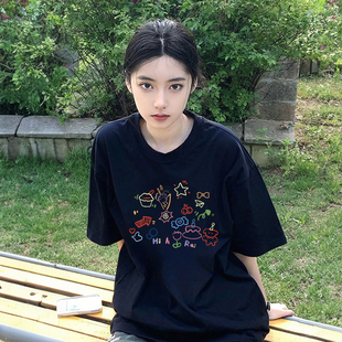 设计感宽松上衣 藏蓝色短袖 t恤女2025新款 夏纯棉夏天巨好看 美式