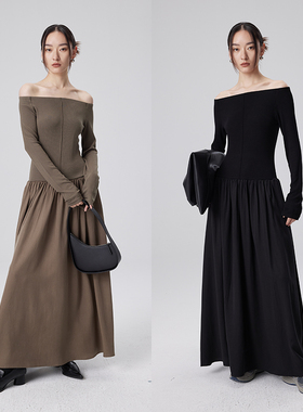 BLANK LABEL 极简黑色高级感一字领修身针织连衣裙女收腰显瘦长裙