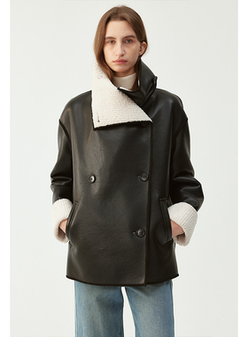 BLANK LABEL黑色皮革复合竖条羊羔绒皮毛一体外套女女冬季大翻领