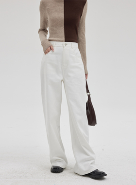 BLANK LABEL时髦百搭100棉斜纹牛仔料白色阔腿直筒裤女休闲裤长裤