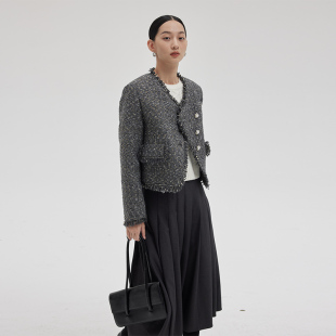 BLANK 极简高级质感亮丝羊毛粗花呢斜门襟流苏小香风外套女 LABEL