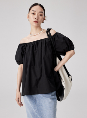 BLANK LABEL极简酵素洗黑色短袖衬衫女设计感衬衣一字肩上衣夏季