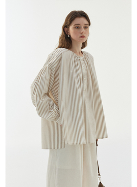 BLANK LABEL棉锦混纺精纺立体条纹落肩小衫长袖衬衫女春夏季上衣