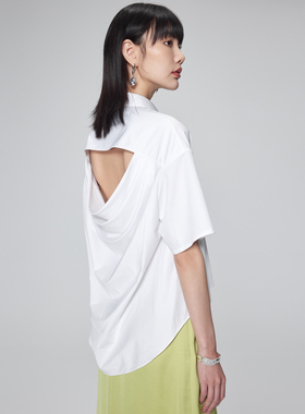 BLANK LABEL 极简高级设计感镂空露背白色短袖衬衫女短款衬衣夏