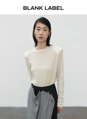 BLANK LABEL极简高级垫肩莱赛尔Blend套头针织衫女黑色毛衣秋季