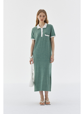 07/08 BLANK LABEL针织连衣裙女夏新款开衩高腰短袖polo绿色长裙