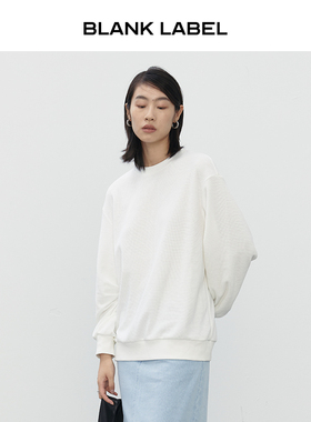 BLANK LABEL极简高级圆领套头长袖白色针织华夫格卫衣女上衣秋季