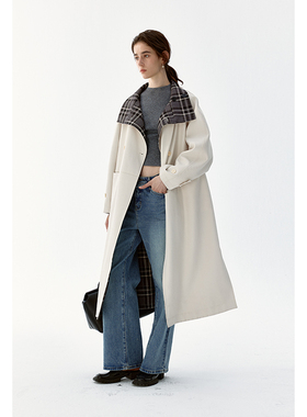 BLANK LABEL 复古茧型格子拼接双面两穿白色风衣女秋冬季长款外套