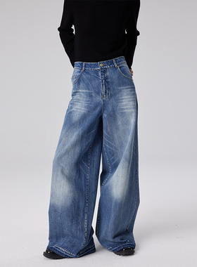 BLANK LABEL 极简高级感水洗竹节低腰阔腿牛仔裤女宽松时髦长裤子