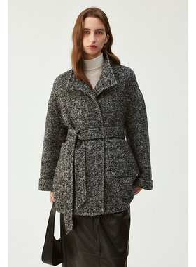 BLANK LABEL澳毛混纺双面尼羊驼大衣女冬季新款系带羊毛呢子外套