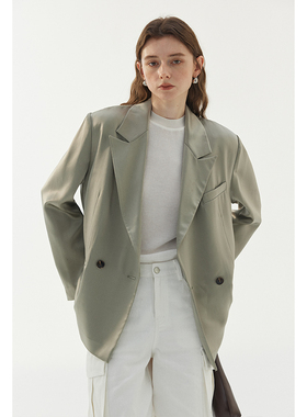 BLANK LABEL极简缎面醋酸气质绿色休闲西装外套女2025春秋季西服