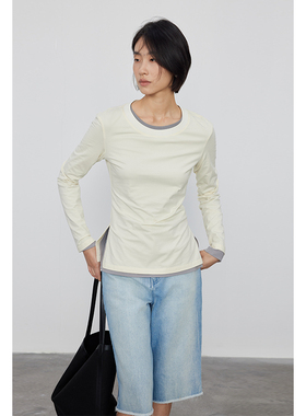 BLANK LABEL 棉氨混纺抗起球开衩修身长袖T恤女春秋基础打底上衣