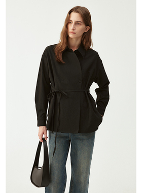 BLANK LABEL黑色长袖衬衫女秋季衬衣极简设计感小众系带收腰上衣