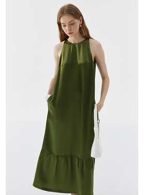 BLANK LABEL醋酸缎面挂脖背心连衣裙女2025夏季简约无袖a字吊带裙