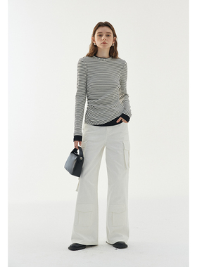 BLANKLABEL240g弹力棉氨坑条假两件开叉长袖T恤女2025条纹上衣