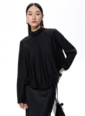 BLANK LABEL 极简高级莱赛尔混纺百褶花苞黑色长袖衬衫上衣女早秋