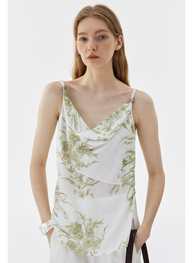 BLANK LABEL水墨印花荡领吊带背心女夏季新中式上衣开叉下摆小衫