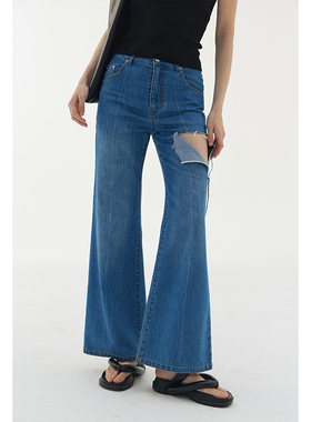 BLANK LABEL高级醋酸混纺斜纹深蓝色高腰微喇牛仔裤2025春秋裤子