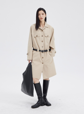 BLANK LABEL甄选100棉古巴领挺廓长款风衣式工装连衣裙女2025新款
