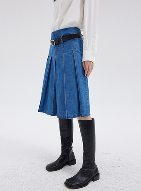 BLANK LABEL甄选100新疆棉斜纹牛仔百褶半身裙女春2025新款A字裙