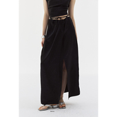 新款 BLANK LABEL醋酸开衩半身裙女夏季 显瘦黑色高腰百搭A字长裙子