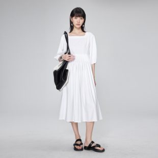 BLANK 极简高级褶皱腰部打条方领白色连衣裙女衬衫 裙夏季 LABEL