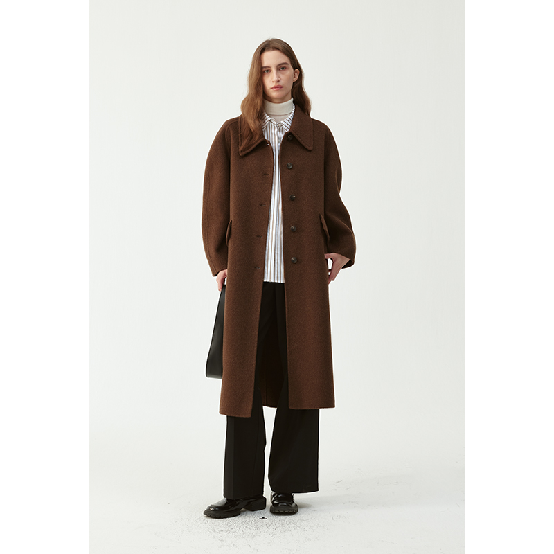 长款侧翻口袋双面呢羊毛大衣女