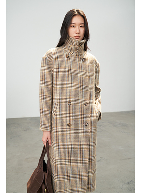 BLANK LABEL 粗花呢彩格围巾双排扣羊毛大衣女秋冬季长款毛呢外套
