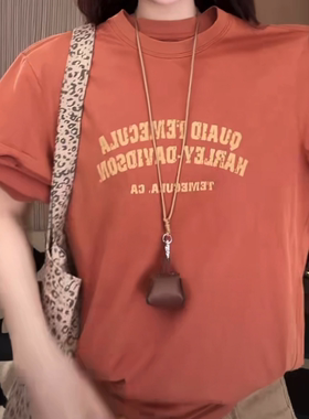 设计感印花橙色正肩短袖t恤女夏季新款宽松慵懒风圆领百搭女上衣