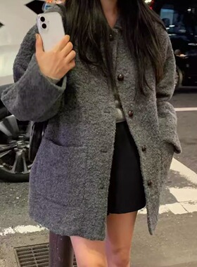 气质高级感蘑菇扣单排扣毛昵外套女秋冬新款时尚百搭保暖女生大衣