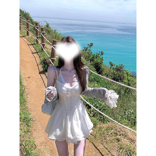 修身 海邊度假氣質(zhì)短裙子 2025新款 假兩件蕾絲花邊白色連衣裙女夏季