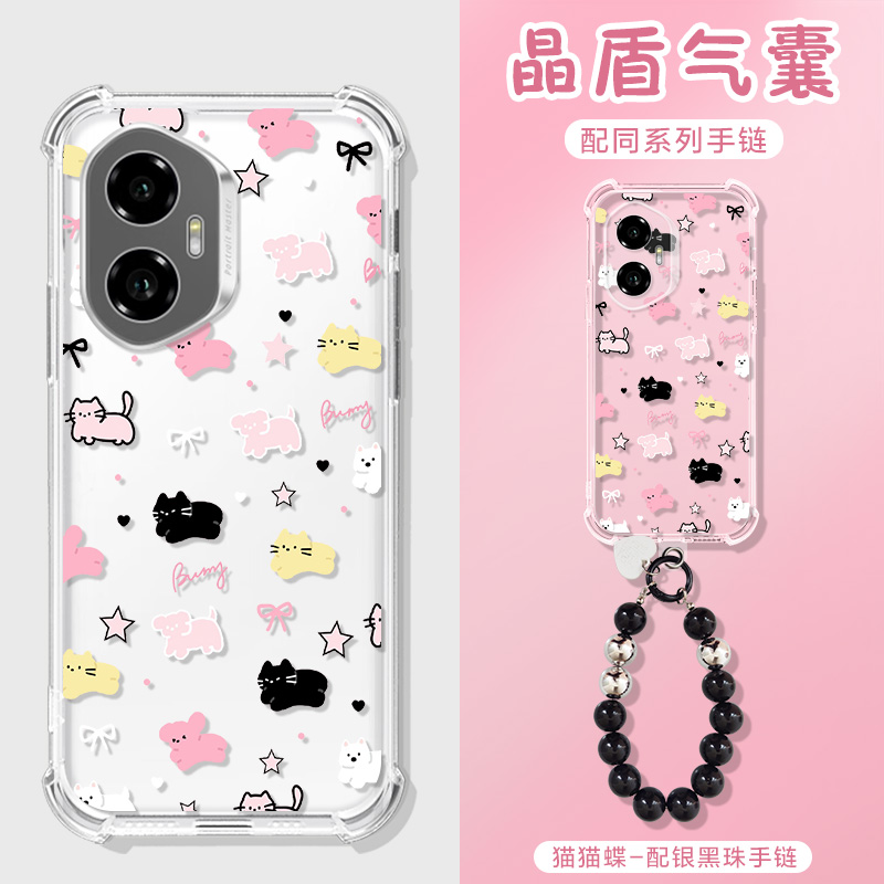 适用荣耀300手机壳3OOPor卡通黑猫手提链honor 300pro保护套华为AMM/AMP-AN00气囊可爱男女200/100百pr0外壳