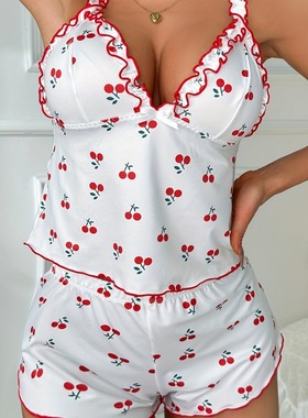 Resting pajamas木耳边印花V领三角杯睡衣两件套印花家居服