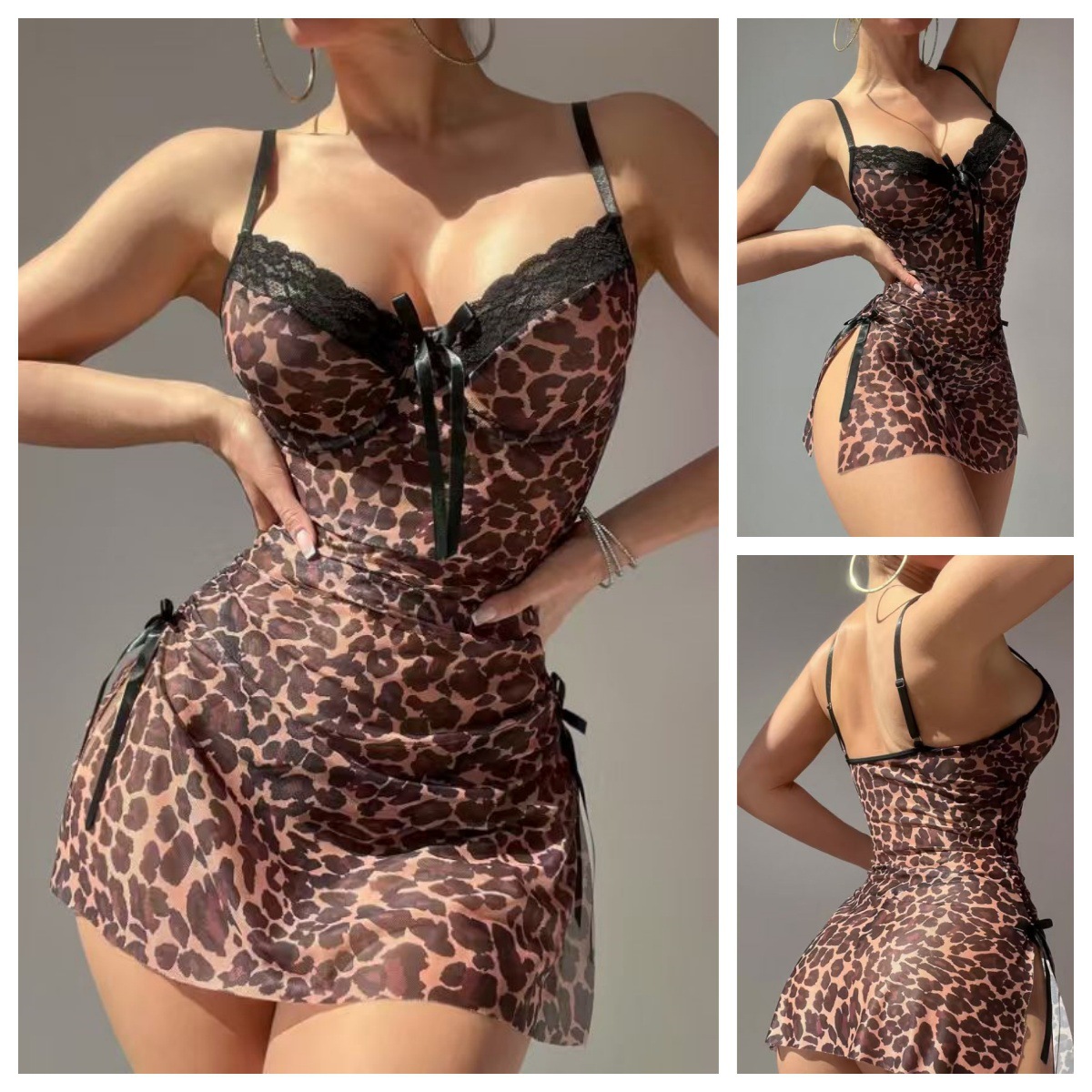 Fun lingerie leopard print slit see through dress pajamas