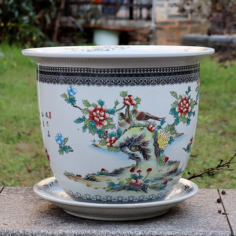 景德镇陶瓷花盆纯手工粉彩瓷大口径带托盘树盆软装公司居家庭院,鲜花速递/花卉仿真/绿植园艺,花盆,淘宝优惠券,粉丝福利购,淘宝优惠卷