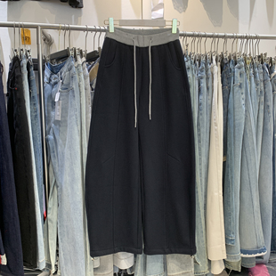 韩佰莉81711冬加绒加厚毛呢宽松显瘦两穿直筒阔腿卫裤女弯刀裤