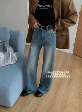 CGZ潮公主99960韩系满天星烫钻牛仔裤复合绒阔腿裤女2025冬季新款