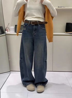 贞子小铺3326-1冬季新款高腰加厚加绒显瘦牛仔阔腿裤女弯刀裤筒裤