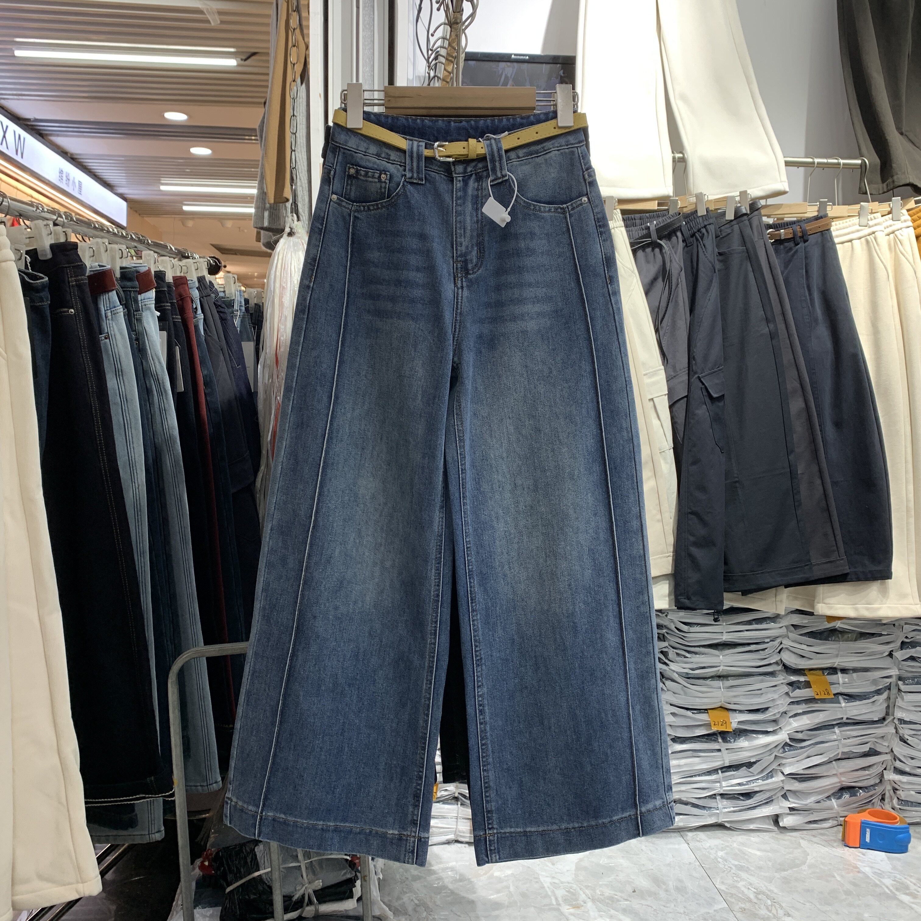 梦佳瑶5827立体压线九分直筒裤女春夏新款韩版高腰显瘦阔腿牛仔裤