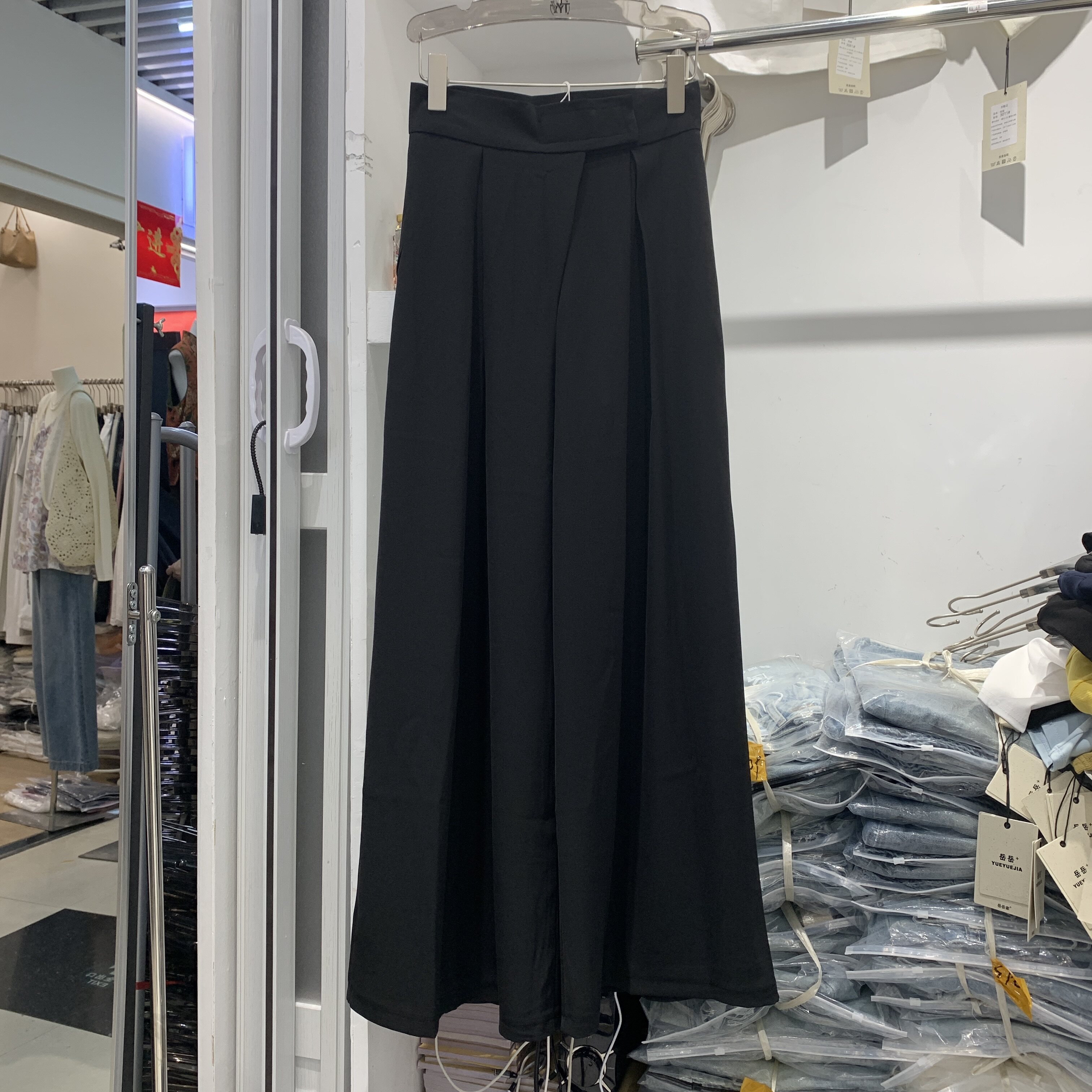 折熙贝尔6151黑色魔术贴西装阔腿裤女高腰垂感百搭阔腿裤拖地长裤