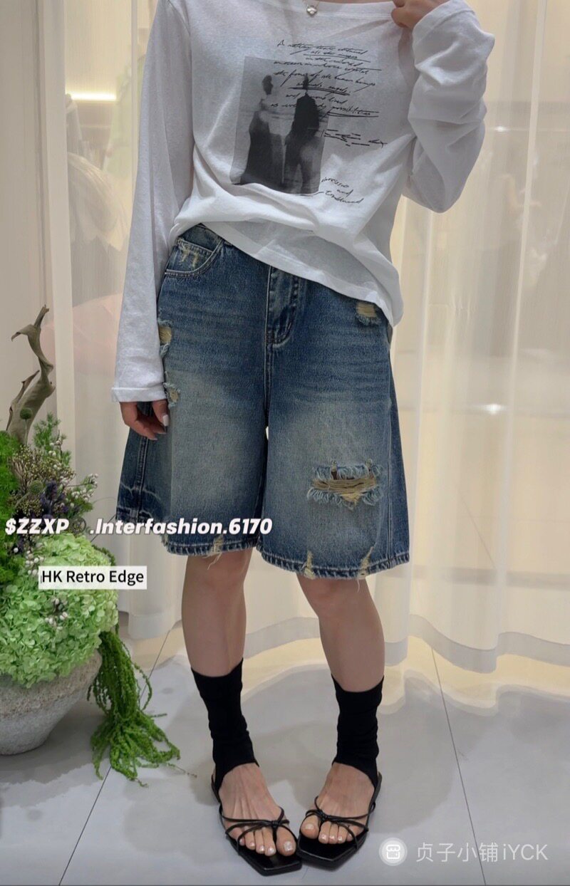 贞子小铺6170夏新款美式复古破洞水洗牛仔短裤女宽松阔腿五分中裤